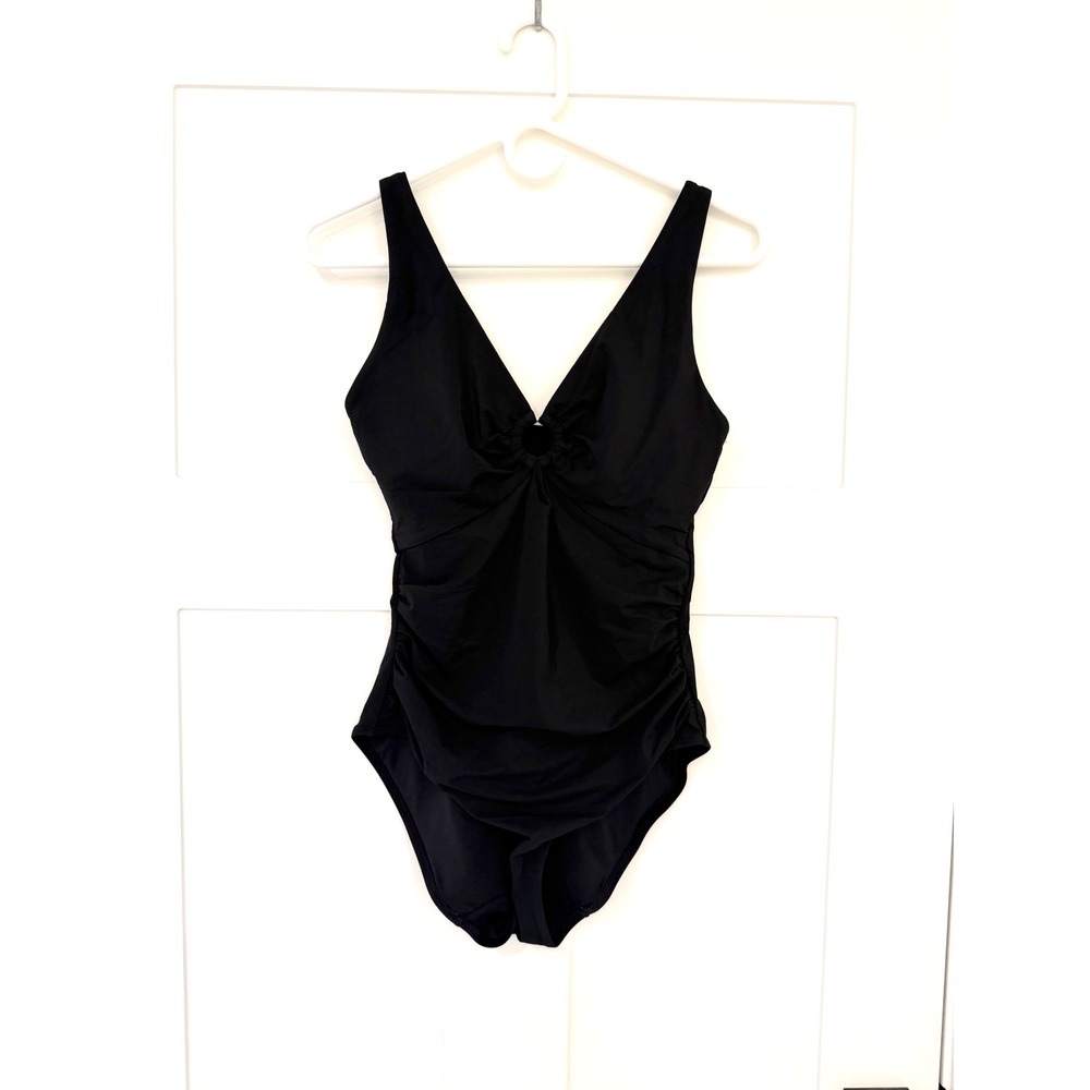 Feelingirl Black One Piece Swimsuit V Neck Ruched Tummy Control Size Medium